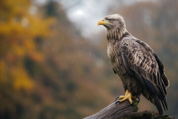 Fototapeta premium Majestic white tailed eagle perched on branch during rain