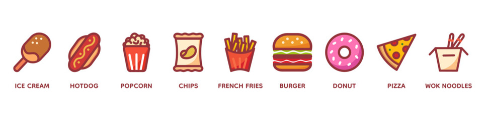 Fast food and drink vector icon set Set of colorful with text. Fast food restaurant. Fast food menu. Pizza, hamburger, fries potatoes, popcorn, ramen noodle soup, hot dog, popcorn, ice cream,