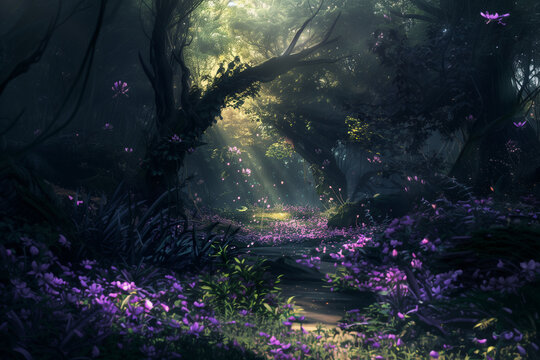 A mystical forest pathway bathed in soft sunlight with vibrant purple flowers and ancient trees creates a magical and enchanting atmosphere