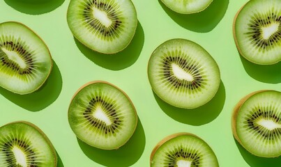 Fototapeta premium Vibrant kiwis slice on a fresh green background , Generative AI
