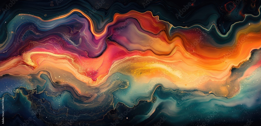 Poster abstract fluid art with vibrant colors and swirling patterns in motion.