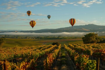Obraz premium Hot Air Balloons Over Vineyard Landscape