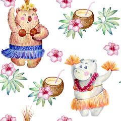 Hawaii dance, watercolor seamless pattern on white background.