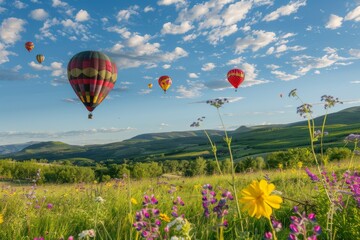 Fototapeta premium Hot Air Balloons Over a Field of Wildflowers