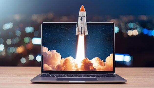 Laptop screen displayed a rocket taking off, conceptually representing the launch of a business