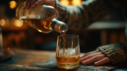 Obraz premium Pouring Whiskey into Glass on Cozy Evening. Hand Pouring Alcoholic Drink in Warm Setting