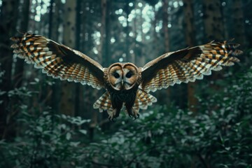 Fototapeta premium Tawny owl flying through woodland.