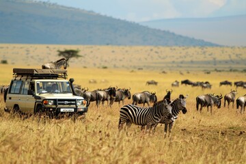 Tourists in Land Cruiser watching wildebeest (Connochaetes taurinus) and common zebras (Equus quagga) migration, Masai Mara National Reserve, Kenya