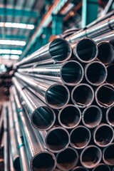 Obraz premium Vividly colored galvanized steel pipes stacked in rows in a warehouse