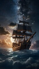 ship in the sea at night, ai generated