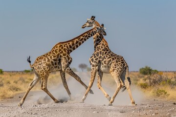 Fototapeta premium Two male giraffes fight by swinging necks and stabbing with horns. side view facing right wide view with whole giraffe and legs showing. 
