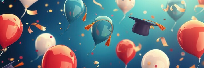 A festive graduation celebration with colorful balloons featuring school symbols and congratulatory messages against a bright blue background. Generative AI