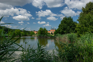 Fish pond in Velehrad, Czech Republic with Basilica of Saints Cyril and Methodius
