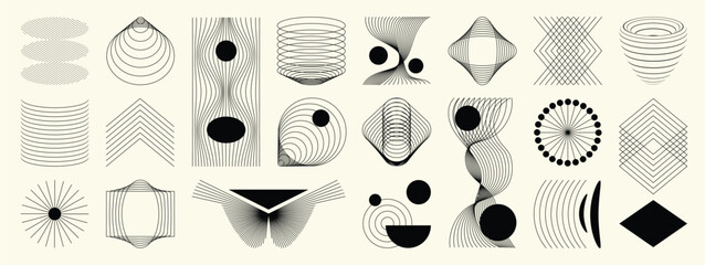 Hand drawn abstract minimal element mid century vector set. Aesthetic contemporary stripe line art, geometric shape in monochrome. Art form design for wall art, decoration, wallpaper.