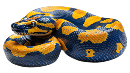 A blue and orange python snake with a striking pattern coils  on a transparent background