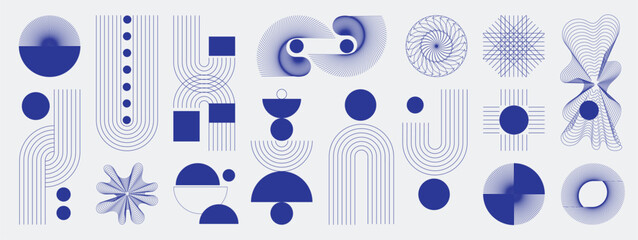 Hand drawn abstract minimal element mid century vector set. Aesthetic contemporary stripe line art, geometric shape in monochrome. Art form design for wall art, decoration, wallpaper.