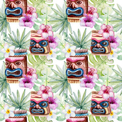 Tropical watercolor illustration with leaves, mask and flowers. © Tapilipa