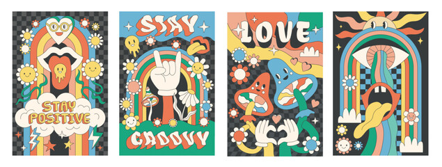 Fototapeta premium Flower groovy retro poster. Psychedelic 70s smile face. Cartoon rainbow sticker. Hallucination mushroom. Good love power. Happy peace character. Mouth with tongue. Vector abstract banners design set