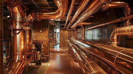 Close-up of fire protection piping in a room, featuring copper-colored pipes