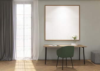 3d render of minimal interior design window, study table and frame mock up. Wood parquet floor, gray wall and white ceiling. Set 2