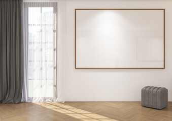 3d render of minimal interior design window and frame mock up. Wood parquet floor, white wall and white ceiling. Set 3