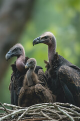 Fototapeta premium Vulture family portrait with two parents and young chick