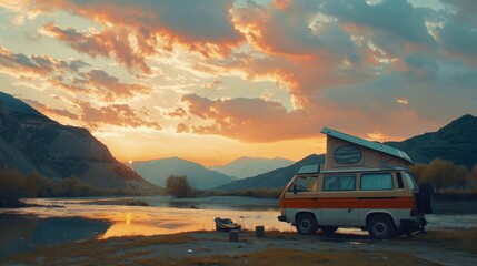 Fototapeta premium Campervan holiday in front of the river with mountains in the background, parked next to the river.