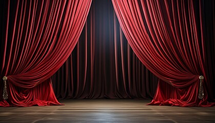 Red velvet curtain with drapes in detailed 3D rendering, black background