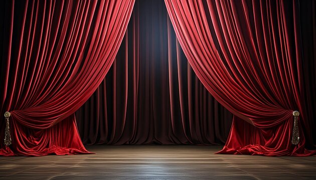 Red velvet curtain with drapes in detailed 3D rendering, black background