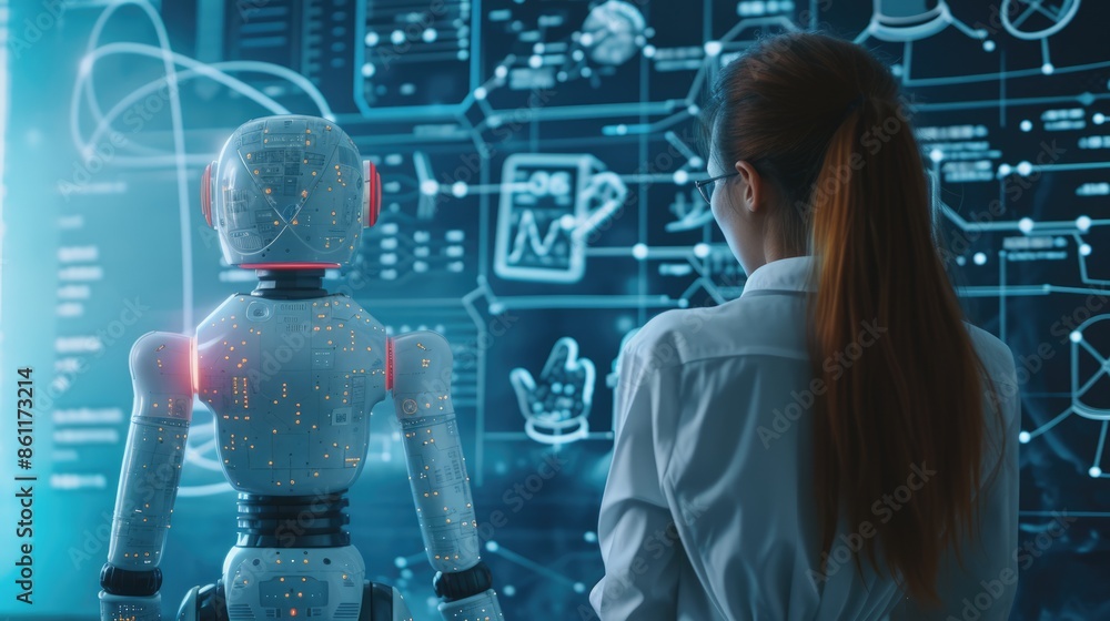 Poster skilled teacher teaching ai to diverse elementary student at digital classroom. smart multicultural 