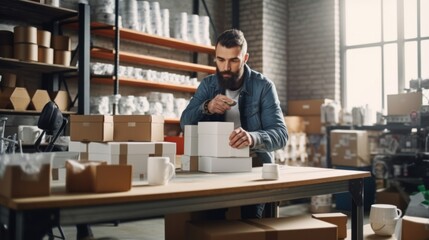 Man packing ceramic cups in carton box in his workshop