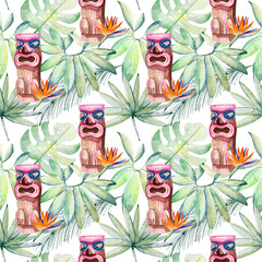 Tropical watercolor illustration with leaves, mask and leaves. © Tapilipa