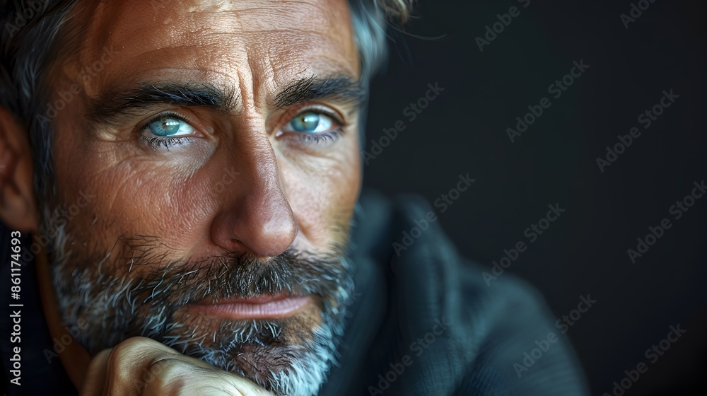 Poster thoughtful man deeply contemplating with serene expression emotions and expressions concept