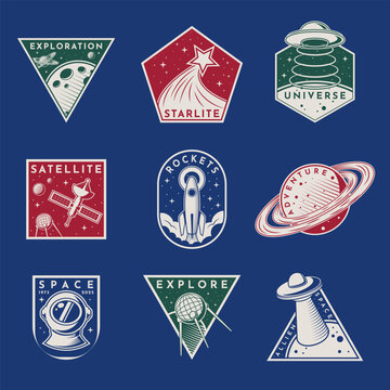 Space badge sticker set. Patch astronaut rocket. Logo kid shirt. Emblem cosmos travel, planet and moon. Design graphic vintage embroidery, galaxy mission, ufo shuttle. Vector garish print collection