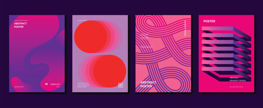 Abstract gradient poster background vector set. Minimalist style cover template with vibrant perspective 3d geometric prism shapes collection. Ideal design for social media, cover, banner, flyer.