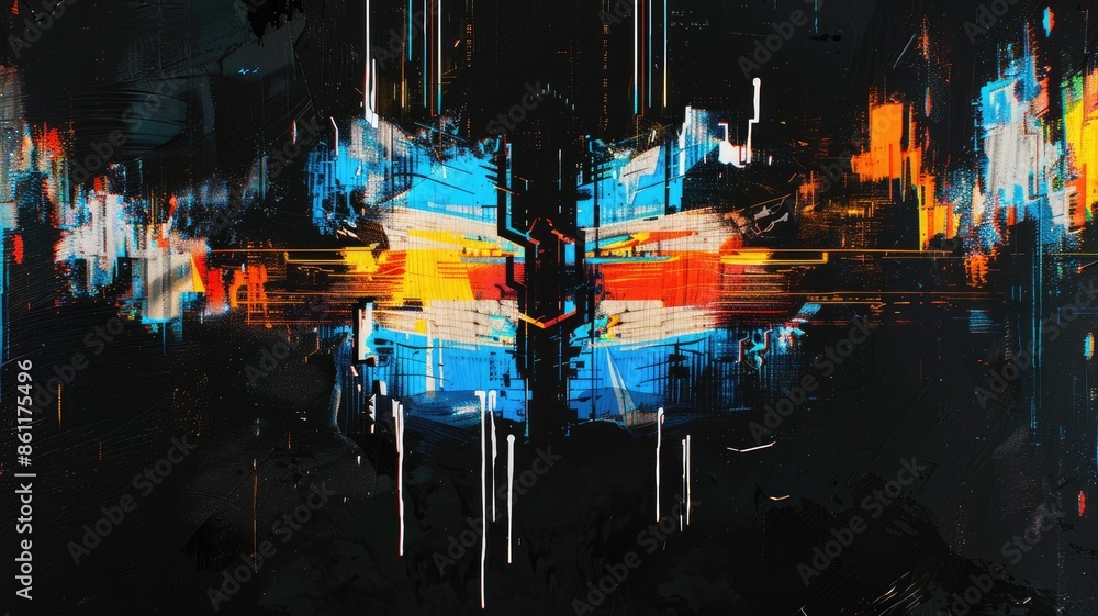 Poster abstract colorful digital painting with geometric shapes and splashes on a dark background. digital 