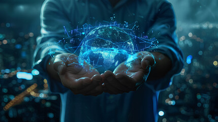 GIS. Man Holds Geographic Icons. Spatial Data, Mapping Excellence on Virtual Geographic Information System (GIS) Technology. Dark Blue City Background