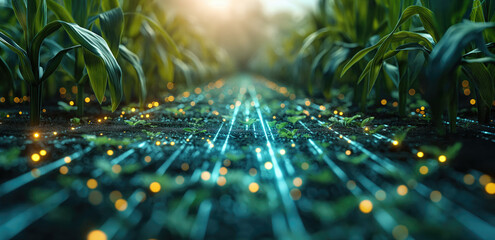 Futuristic Smart Agriculture: Digital Technology Enhancing Crop Growth in a Modern Farm.