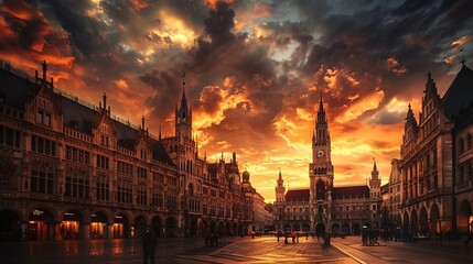 Naklejka premium Munic Marienplatz at dramatic sunset