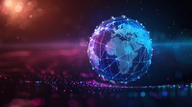 Colorful digital globe with interconnected grid lines focus on unity, ethereal, overlay, digital network
