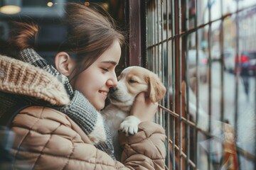Girl and Puppy Sharing a Tender Moment by the Window
