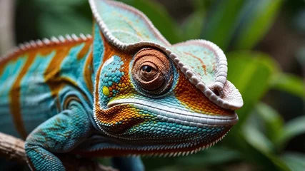 Gardinen Chameleon with beautiful colors, chameleon perched on a tree branch, closeup photo of chameleon © yogia10