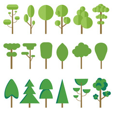 A set of simple images of trees, pines, firs, leafy. Flat illustration layout for designs. Vector images on a white background.