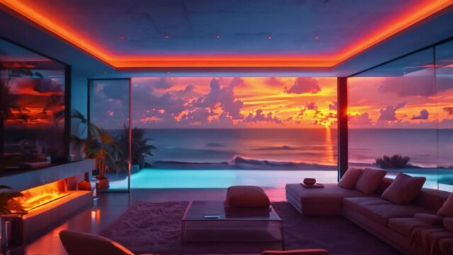 A lavish modern home featuring a second story, blue neon lighting, a view of the sea, contemporary black and blue furnishings, and a setting sun that illuminates the water