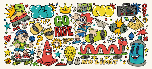 Skating stickers. Boys cool print. Music party. Cartoon street skater. Road cone. Retro emoji. Worm on skateboard. Funky acid style. Doodle happy characters. Hipster quote. Vector abstract patches set