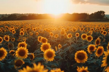 Fototapeta premium Sunflower field at sunset. Beautiful summer landscape with sunflowers