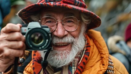 A smiling retired elderly man holds a camera enjoying outdoor relaxation in his backyard with his family. A lively snapshot of an active and fun senior lifestyle.