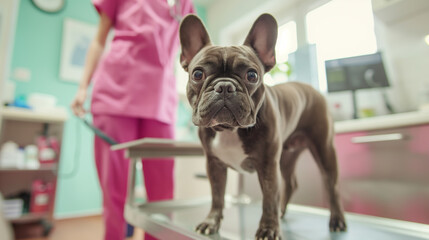 French bulldog standing on a vet examination table with a veterinarian in the background.