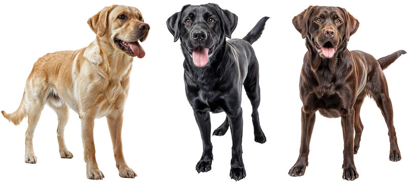 Collection of three happy standing labrador retriever dogs in different colours, yellow, black and chocolate brown, isolated on a transparent background