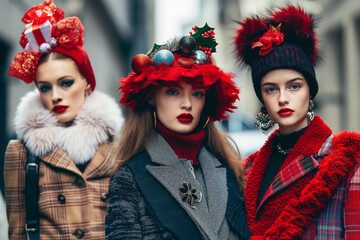 Three women in fashionable holiday outfits and hats posing together in a city street with festive decorations
